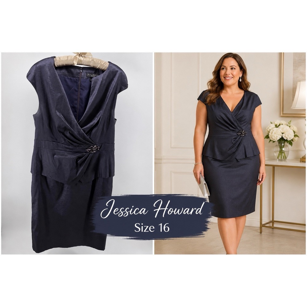 Jessica Howard Evening Dress 16 Purple Sheath Ruched Jeweled Cocktail Formal